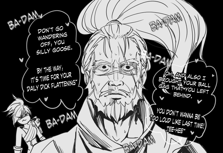 1boy, 1girl, absurdres, black_background, collarbone, english_text, facial_hair, foreseen_yasuo