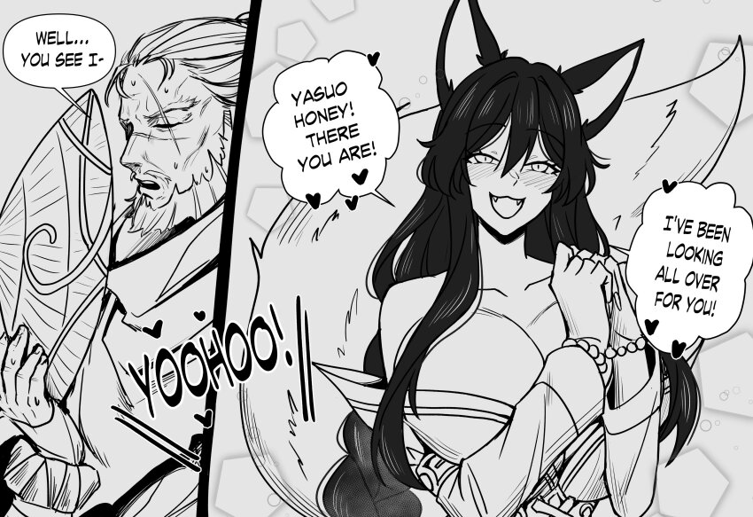 1boy, 2girls, absurdres, aged_up, ahri_(league_of_legends), bead_bracelet, beads, beard, bracelet, braid, breasts, english_text, facial_hair, fangs, foreseen_yasuo, fox_girl, fox_tail, greyscale, hands_up, hat, highres, holding, holding_unworn_clothes, holding_unworn_hat, huge_breasts, jewelry, kitsune, kyuubi, league_of_legends, long_hair, monochrome, multiple_girls, multiple_tails, ryuukuarts, scar, scar_on_face, smile, speech_bubble, tail, teeth, unworn_hat, unworn_headwear, upper_body, upper_teeth_only, yasuo_(league_of_legends)