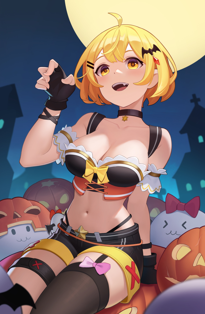 1girl, absurdres, ahoge, asymmetrical_legwear, bat_hair_ornament, black_choker, black_gloves, blonde_hair