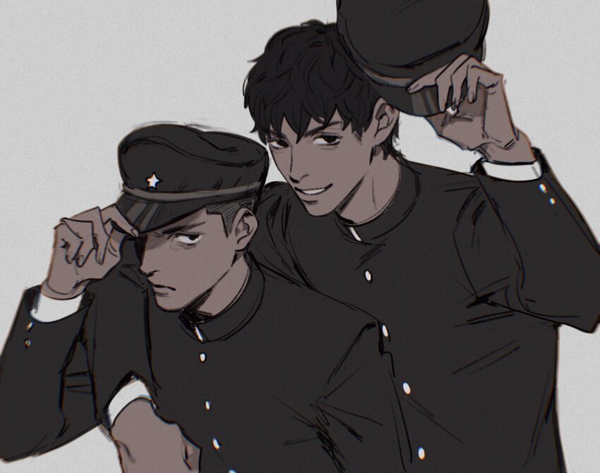 2boys, arm_around_neck, behind_another, bishounen, black_eyes, black_hair, buttons, character_request