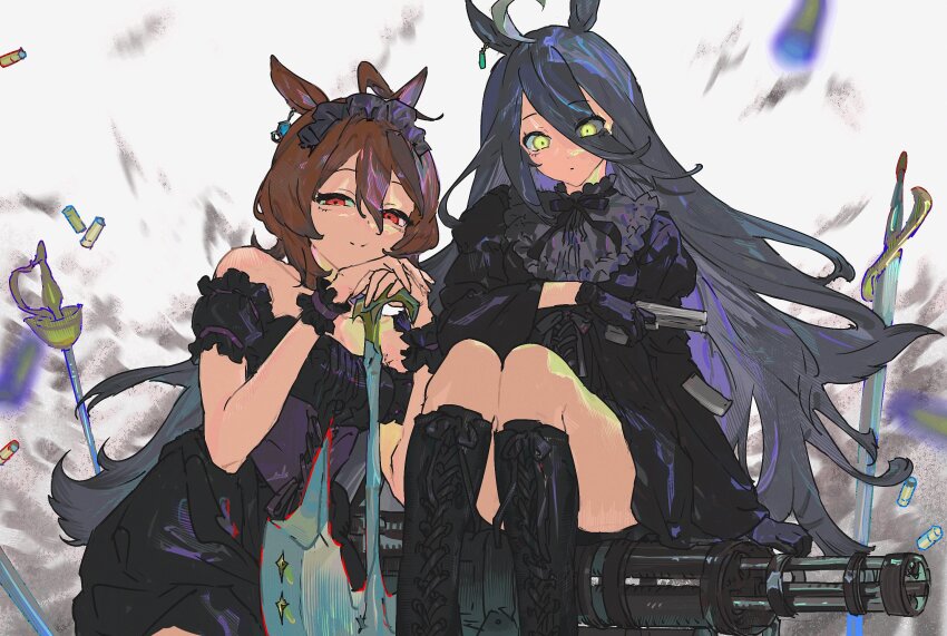 2girls, agnes_tachyon_(umamusume), an1th1ngnb, animal_ears, axe, bare_shoulders, black_boots, black_cape