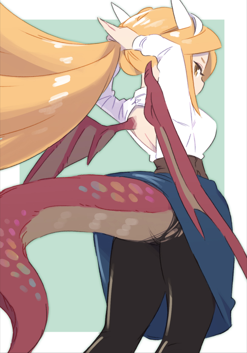 1girl, arms_behind_back, backless_shirt, belt, black_pantyhose, blonde_hair, blue_skirt, breasts, clothing_cutout, commentary_request, dragon_girl, dragon_tail, dragon_wings, dragonewt_(monmusu_gladiator), feet_out_of_frame, floating_hair, from_behind, green_background, highres, horns, inconvenient_tail, large_breasts, long_hair, long_sleeves, looking_at_viewer, monmusu_gladiator, outside_border, pantyhose, picogames_off, profile, red_wings, shirt, shirt_tucked_in, sideways_glance, skirt, solo, standing, tail, tail_through_clothes, torn_clothes, torn_pantyhose, tying_hair, very_long_hair, white_horns, white_shirt, wings, yellow_eyes
