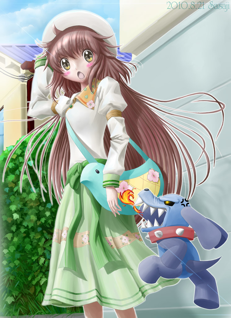 00s, 1girl, anger_vein, angry, bag, blush_stickers, brown_eyes, brown_hair, dated, dog, female_focus, hanato_kobato, hat, ioryogi, kobato., long_hair, sasaji, sasaji_(artist), solo, stuffed_toy