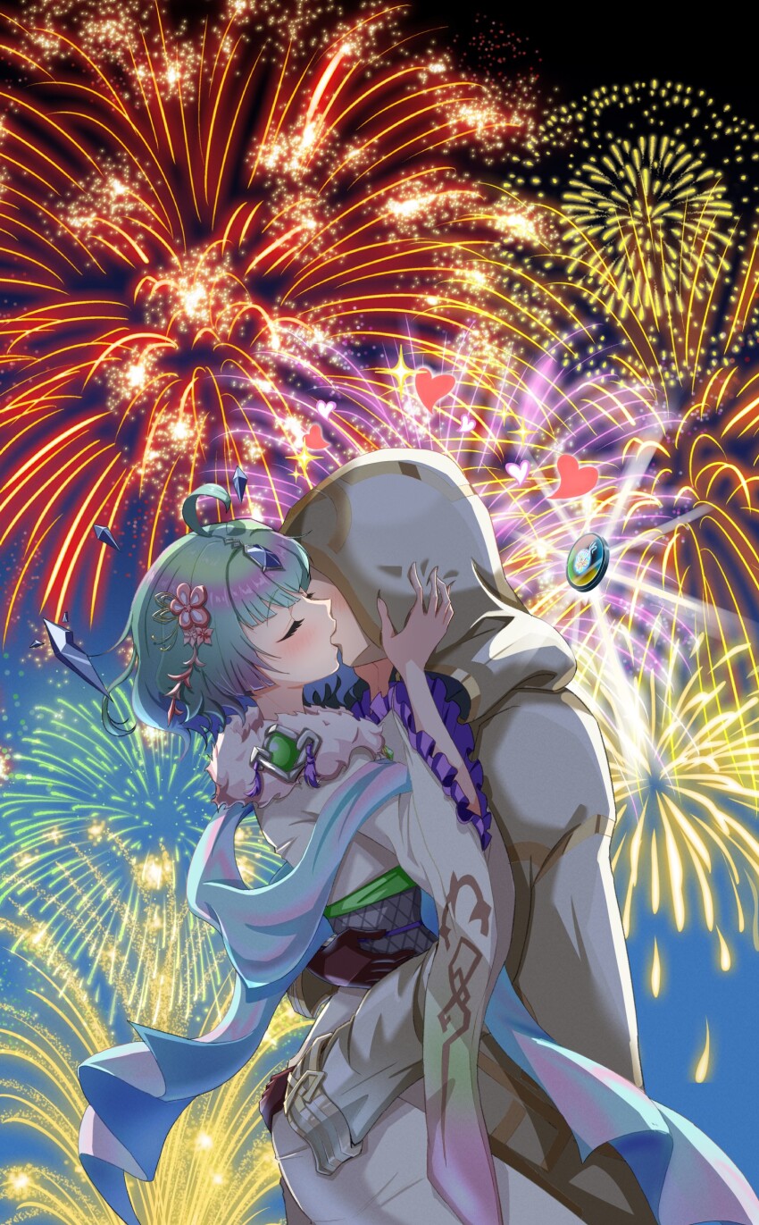 1boy, 1girl, absurdres, arm_around_another's_back, bob_cut, brown_gloves, closed_eyes, fire_emblem, fire_emblem_heroes, fireworks, flower, gloves, hair_flower, hair_ornament, hetero, highres, hood, hug, japanese_clothes, kimono, kiran_(fire_emblem), male_kiran_(fire_emblem), kiss, nintendo, official_alternate_costume, seidr_(fire_emblem), seidr_(new_year)_(fire_emblem), toriyoshi_(mmxn3582), white_kimono