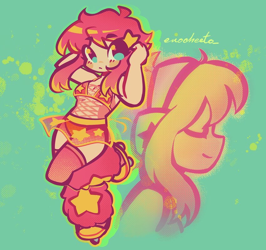 1girl, aqua_background, aqua_eyes, arm_behind_head, artist_name, blush_stickers, breasts, center_cross_lace