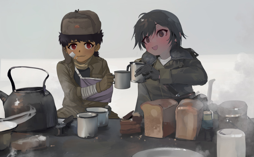 2girls, absurdres, arm_sling, artist_collaboration, bandage_on_face, bandaged_arm, bandages, bandaid