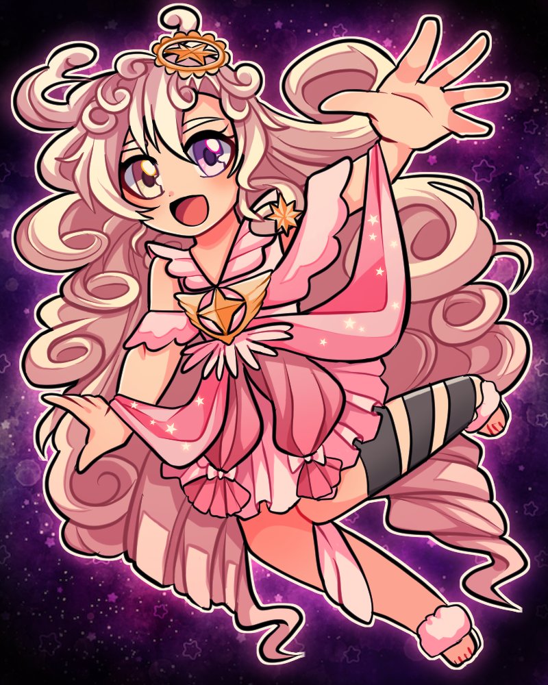 1girl, 1jumangoku, ankle_cuffs, asymmetrical_legwear, bare_shoulders, barefoot, black_background, black_ribbon