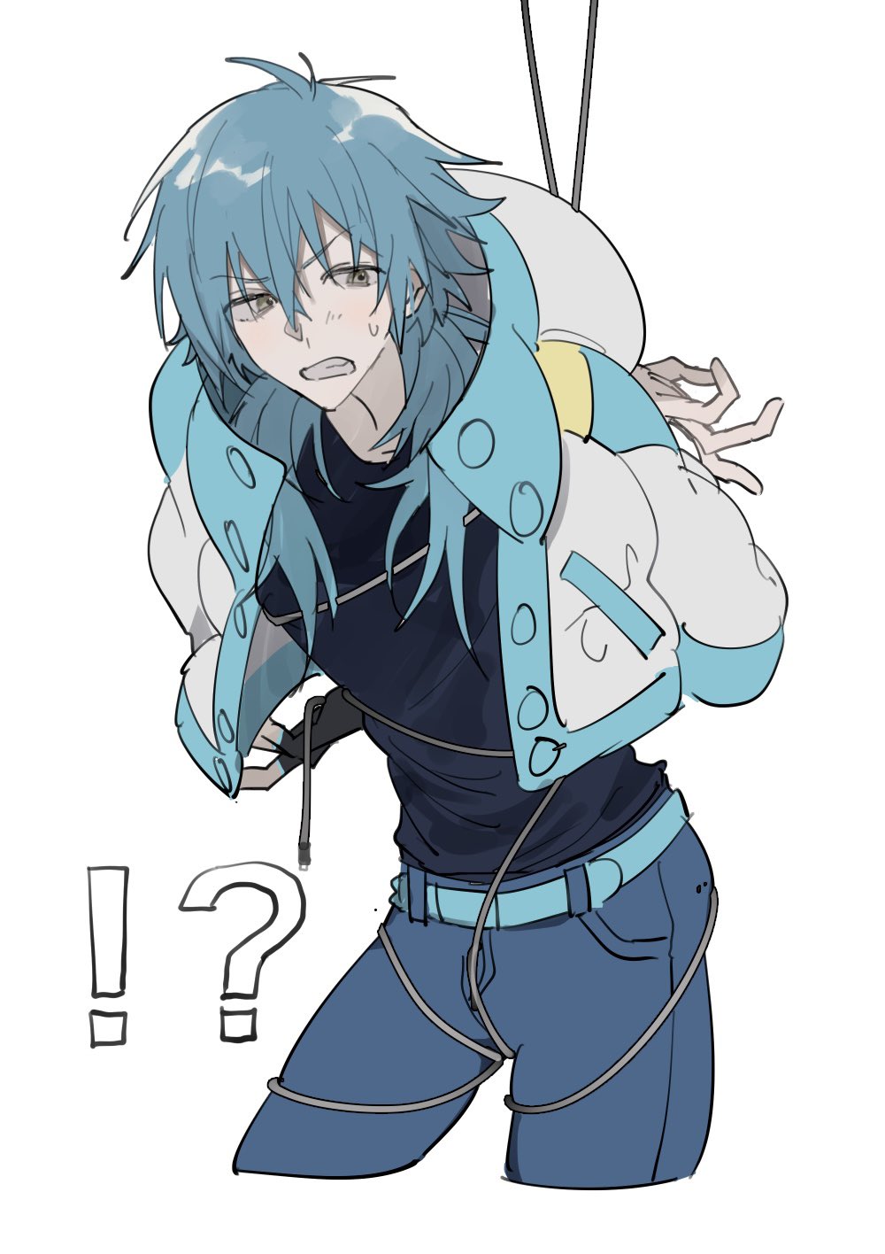 !?, 1boy, angry, arms_behind_back, bdsm, belt, black_shirt, blue_belt