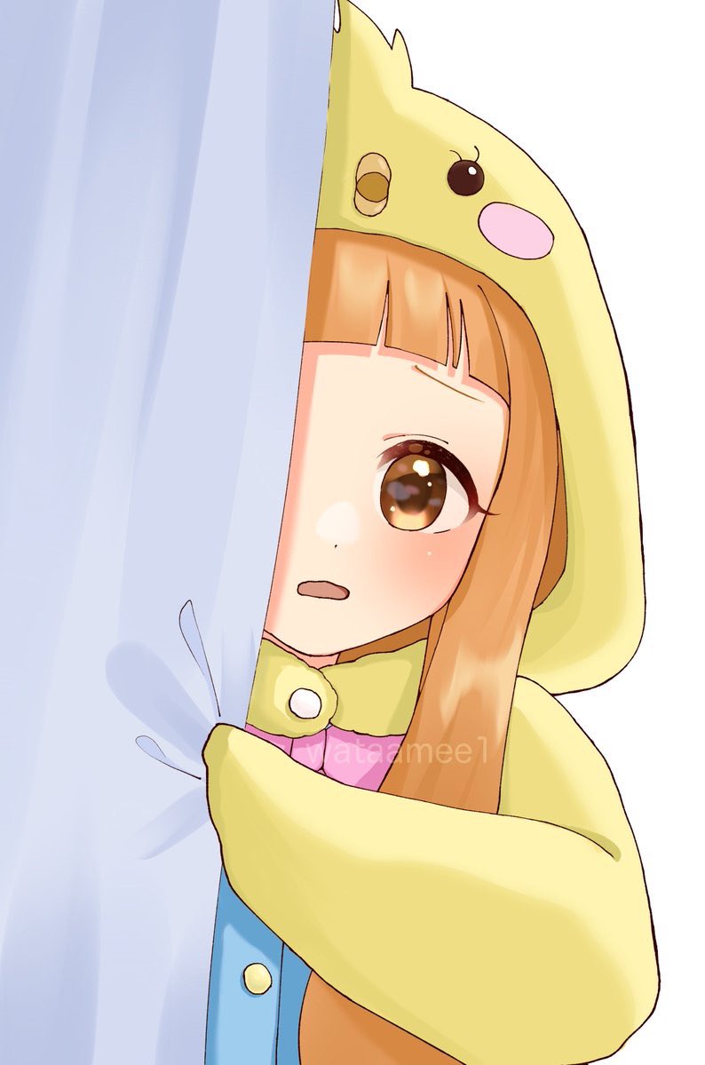 1girl, behind_curtains, blush, bow, bowtie, brown_eyes, brown_hair, buttons, chicken_costume, chicken_hood, child, commentary_request, cosplay, curtains, dot_nose, hiding, ichihara_nina, idolmaster, idolmaster_cinderella_girls, idolmaster_cinderella_girls_u149, kigurumi, long_hair, looking_at_viewer, open_mouth, pink_bow, pink_bowtie, scared, sidelocks, solo, upper_body, watatai, watermark, wavy_mouth, white_background