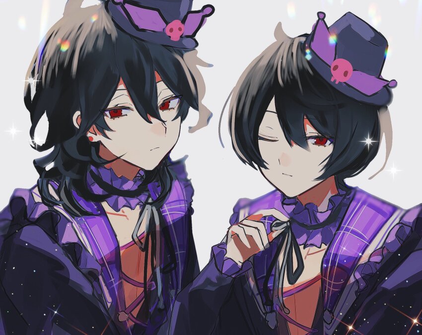 2boys, black_hair, black_headwear, black_jacket, brothers, ensemble_stars!, grey_background, highres