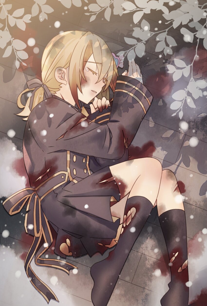 1girl, absurdres, black_dress, blonde_hair, blood, blood_on_face, buttons, closed_eyes