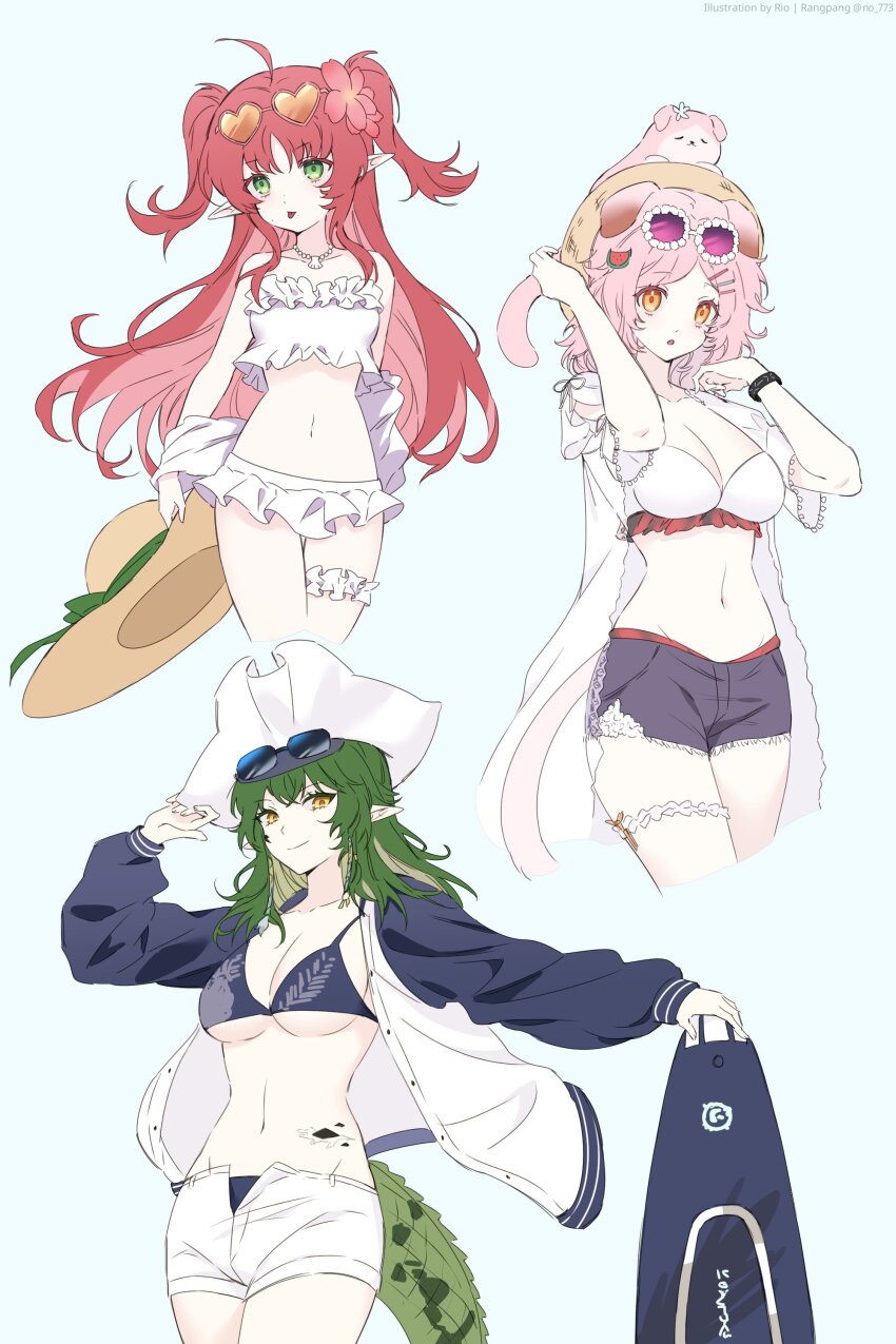 3girls, :o, absurdres, animal, animal_ears, animal_on_head, arknights, bikini