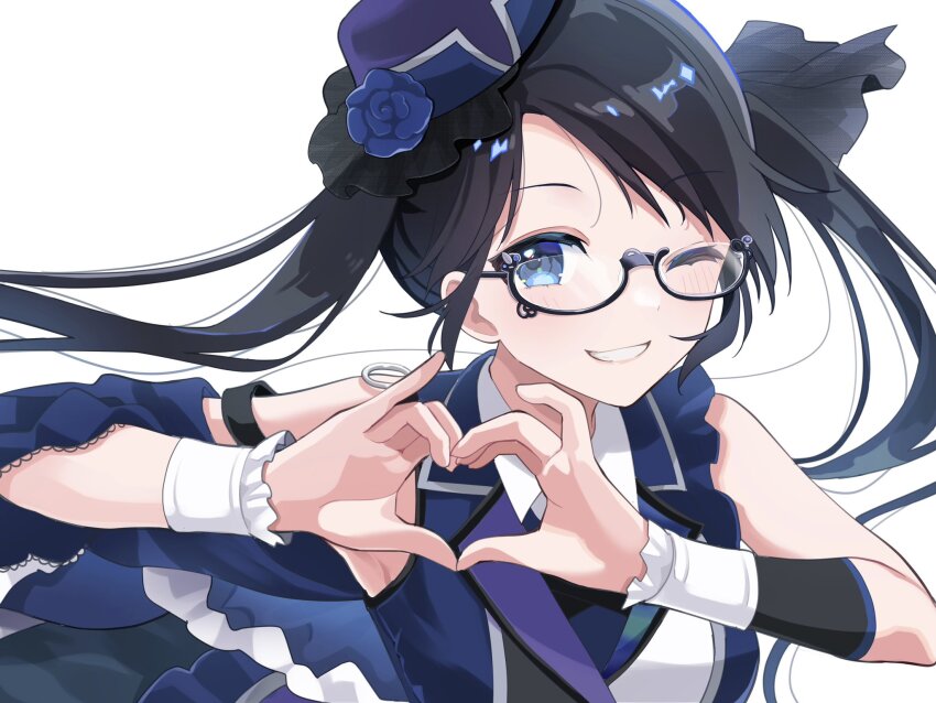 19_okeke, 1girl, armpits, bare_shoulders, birthday, black-framed_eyewear, black_hair, blue_eyes