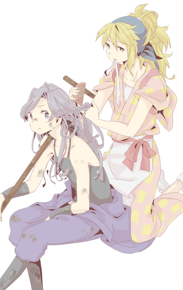 1boy, 1girl, ai_ne_ko, apron, ayabe_kihachirou, bandana, behind_another, blonde_hair