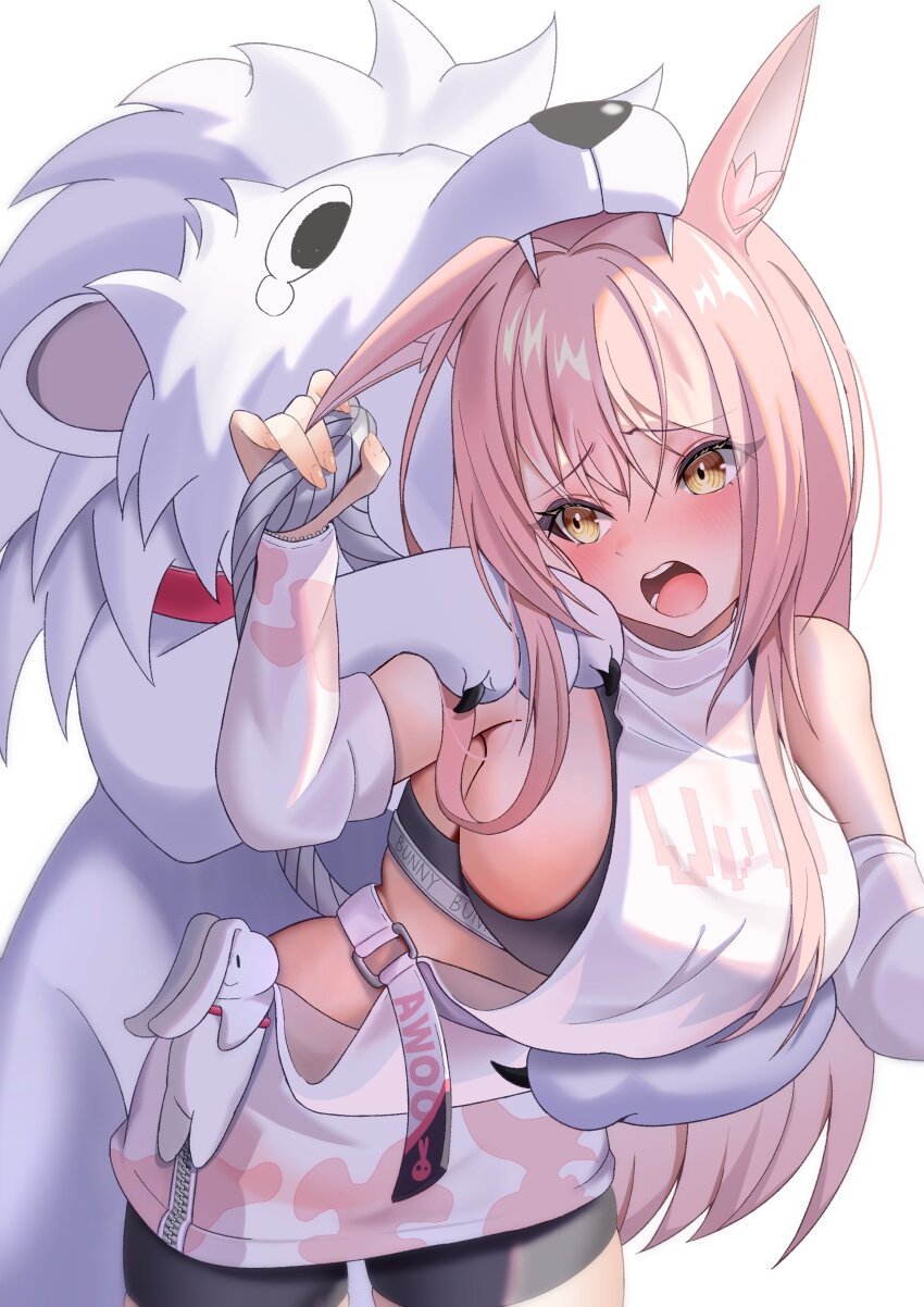 1girl, :o, absurdres, animal, animal_ear_fluff, animal_ears, bare_shoulders, bike_shorts, black_shorts, black_sports_bra, blush, breasts, detached_sleeves, goddess_of_victory:_nikke, hair_intakes, highres, large_breasts, leaning_forward, leona_(nikke), lion, long_hair, meryi, open_mouth, pink_hair, shirt, shorts, sideboob, sideless_shirt, sidelocks, sports_bra, tail, timi_(nikke), turtleneck, turtleneck_shirt, white_shirt, yellow_eyes