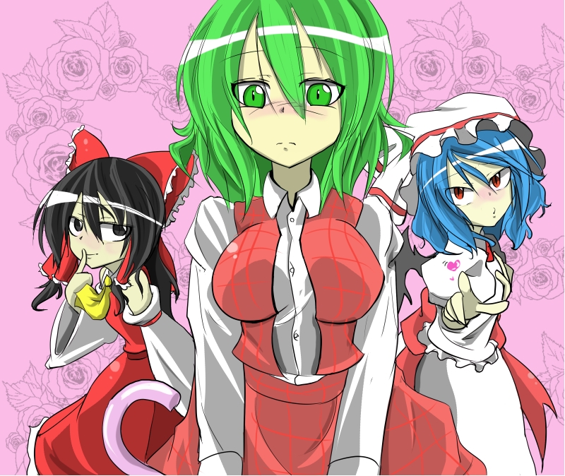 3girls, bad_id, bad_pixiv_id, bat_wings, black_hair, blush, bow, detached_sleeves