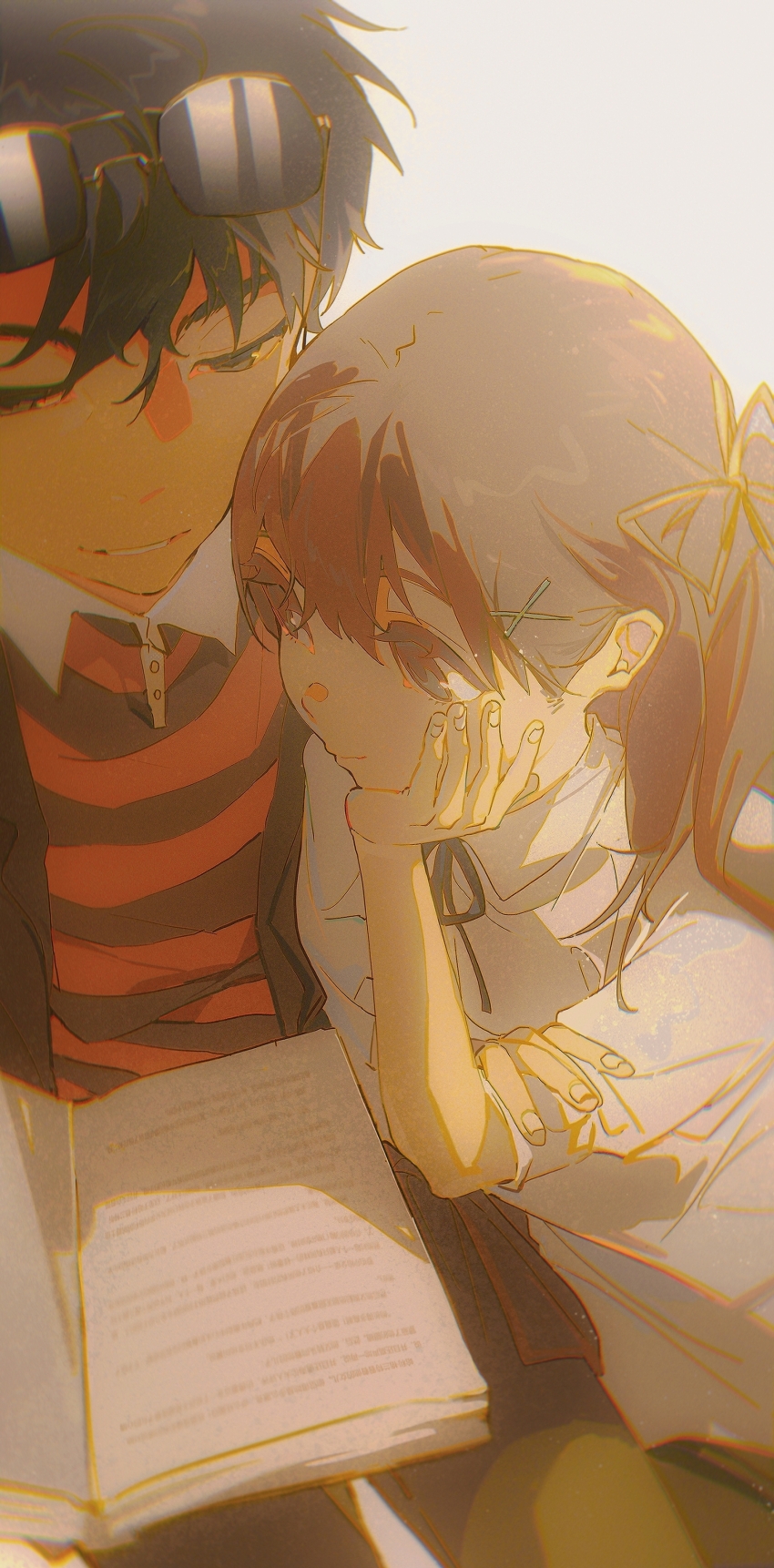 1boy, 1girl, absurdres, black_eyes, black_hair, black_jacket, blue_eyes, blue_ribbon