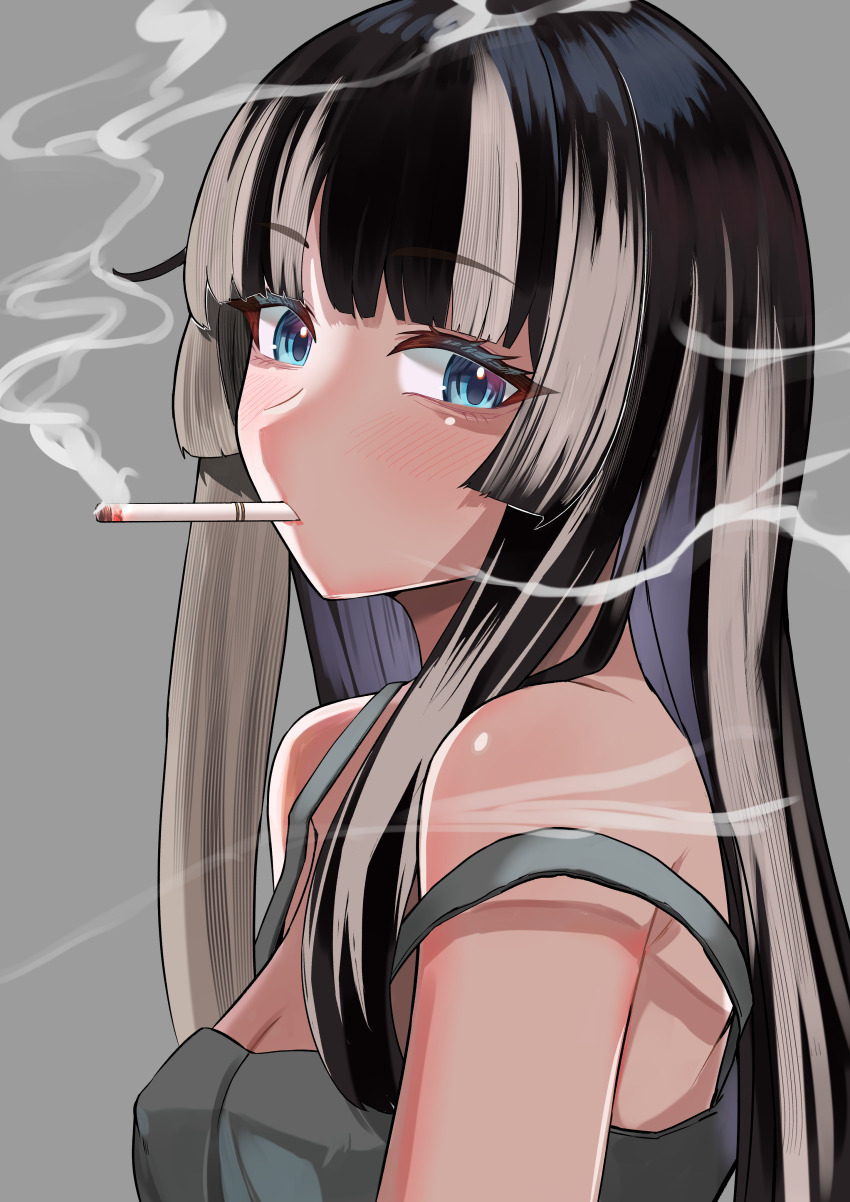 1girl, absurdres, armpit_crease, bare_shoulders, black_hair, blue_eyes, blunt_bangs, blush