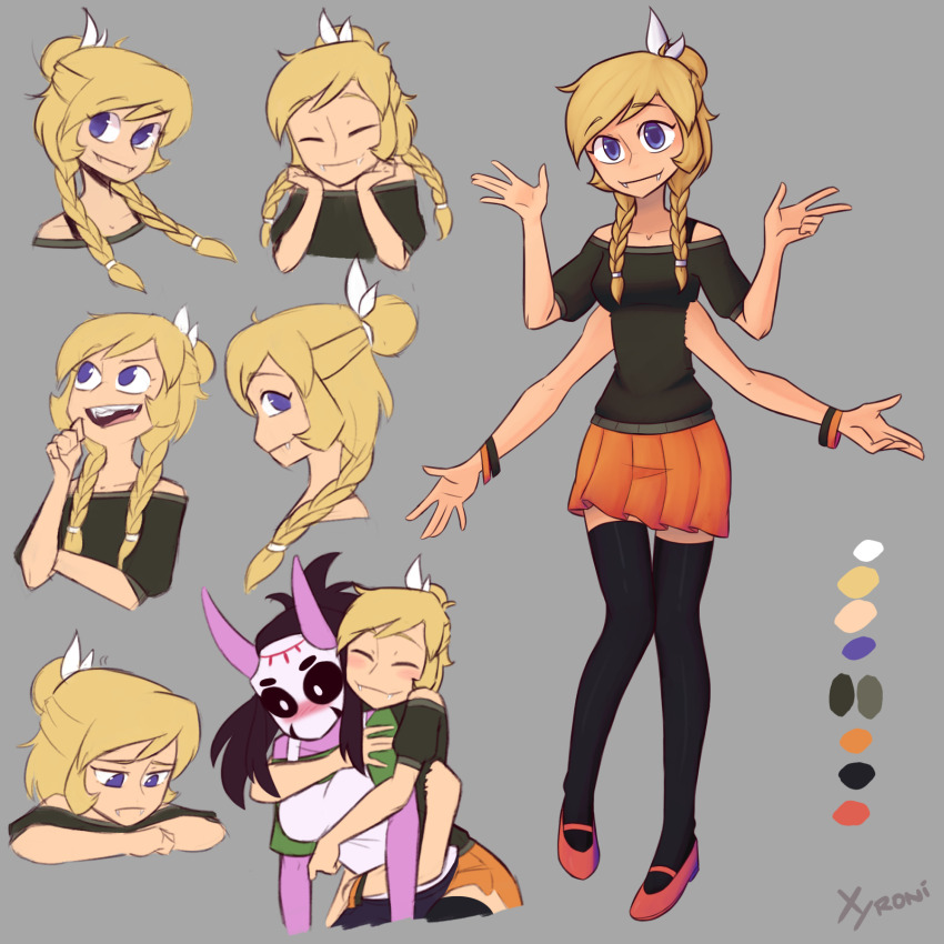 2girls, artist_name, black_hair, blonde_hair, blue_eyes, blush, bra_strap, bracelet, braid, colored_skin, extra_arms, fangs, highres, horns, jewelry, kora_(xyronii), looking_to_the_side, looking_up, mask, multiple_girls, neck, nelly_(xyronii), nose, open_mouth, original, purple_skin, simple_background, skirt, smile, thighhighs, xyronii