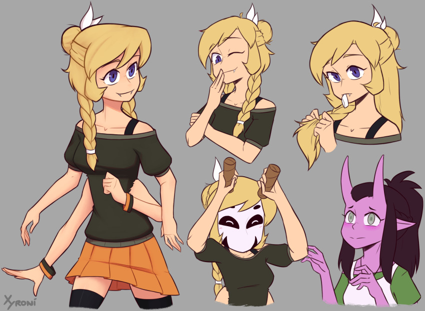 2girls, blue_eyes, blush, bra_strap, bracelet, braid, breasts, brown_hair