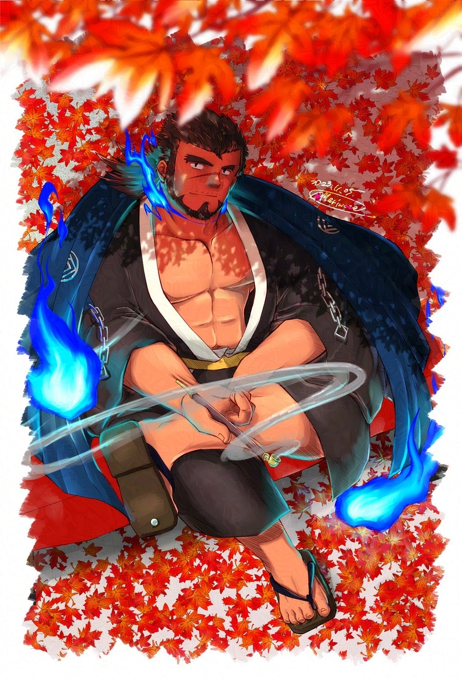 1boy, abs, autumn_leaves, bara, beard, black_hair, black_kimono, blue_fire
