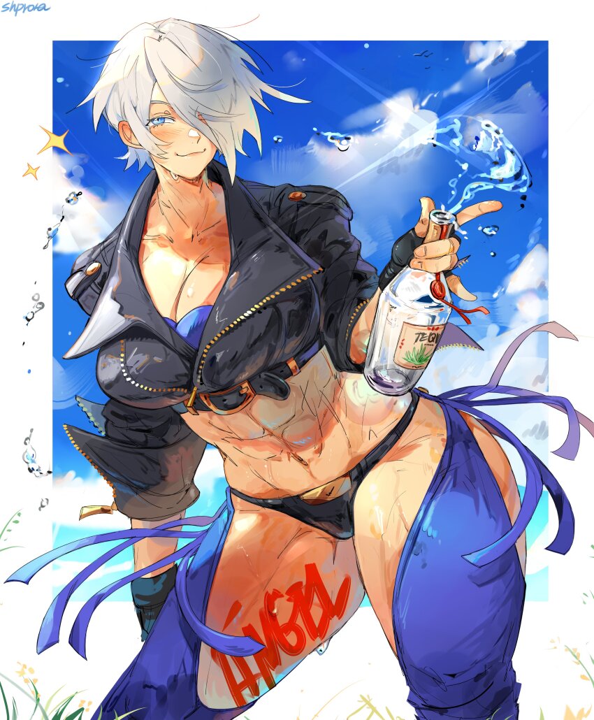 1girl, abs, absurdres, alcohol, angel_(kof), backless_pants, blue_eyes, bottle