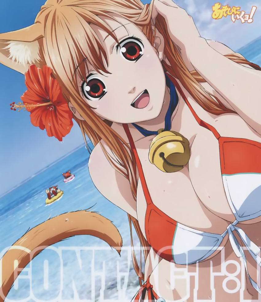 1girl, adjusting_hair, animal_ears, asobi_ni_iku_yo!, assist-a-roid, assistaroid, beach, bell, bikini, breasts, cat_ears, cat_tail, cleavage, day, eris_(asobi_ni_iku_yo!), female_focus, flower, front-tie_top, hair_flower, hair_ornament, hand_in_own_hair, hibiscus, highres, jingle_bell, large_breasts, official_art, open_mouth, red_eyes, solo, swimsuit, tail