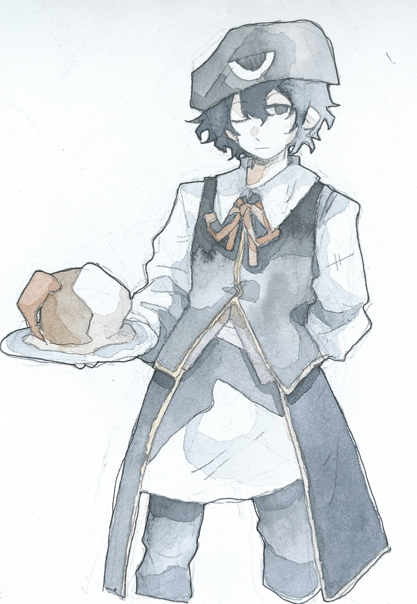 1other, ;|, aaayamitsu, absurdres, arm_behind_back, black_eyes, black_pants, black_vest