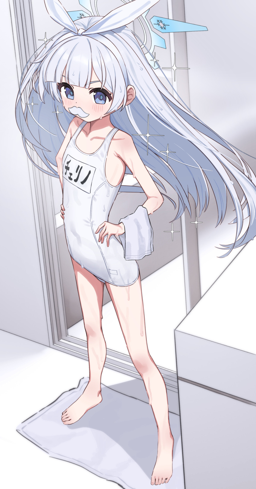 1girl, absurdres, aruruaaaa, bare_arms, bare_legs, bare_shoulders, barefoot, blue_archive