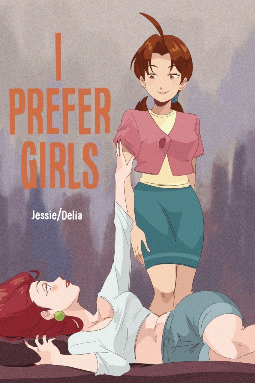 2girls, alternate_universe, blush, book_cover_redraw, breasts, brown_eyes, brown_hair, closed_mouth, couple, delia_ketchum, derivative_work, english_text, highres, i_prefer_girls, jessie_(pokemon), kiana_mai, looking_at_another, lying, mature_female, medium_breasts, multiple_girls, nintendo, parted_lips, pokemon, pokemon_(anime), red_hair, yuri