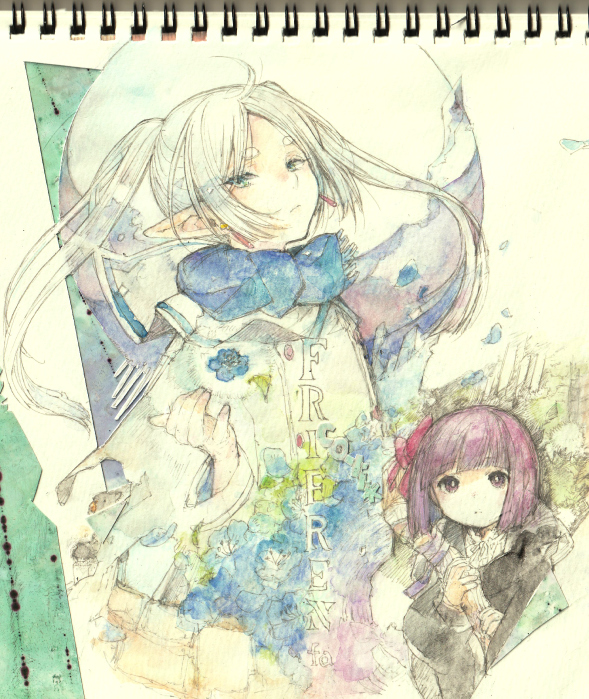 2girls, blue_scarf, character_name, child, coat, copyright_name, earrings, elf