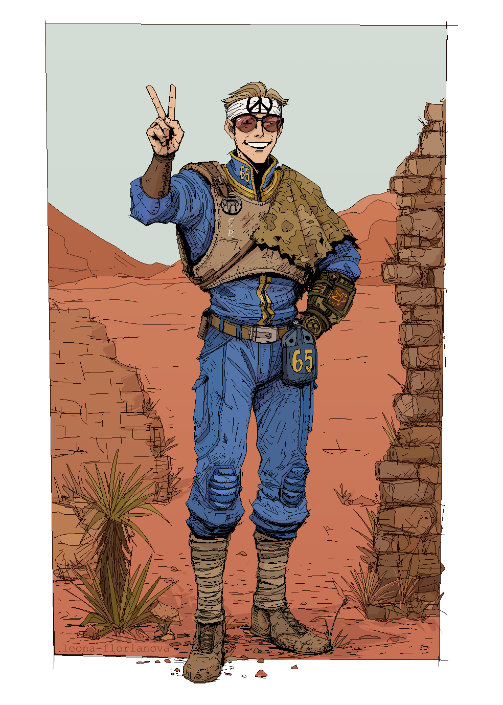 1boy, armor, belt, blue_jumpsuit, boots, breastplate, brick_wall, collar, desert, fallout, fallout:_new_vegas, hand_on_own_hip, highres, jumpsuit, leg_wrap, leona-florianova, looking_at_viewer, male_focus, one_eye_closed, open_mouth, peace_symbol, pip_boy, signature, smile, sunglasses, v