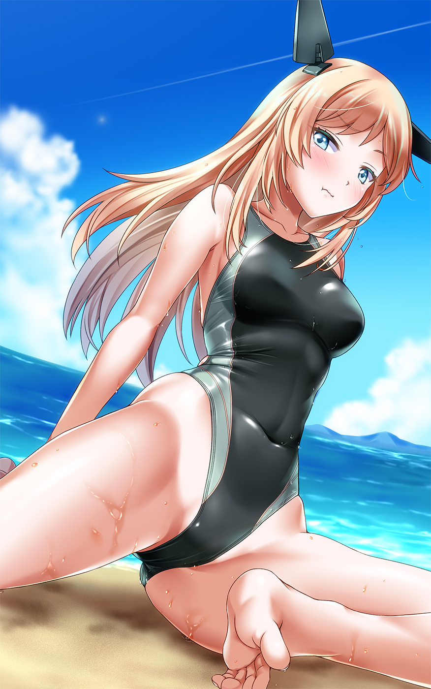 1girl, :t, beach, black_one-piece_swimsuit, blue_eyes, blue_sky, breasts, brown_hair, competition_swimsuit, day, gluteal_fold, headgear, highres, kantai_collection, long_hair, looking_at_viewer, medium_breasts, one-piece_swimsuit, orange_hair, salmon_(kancolle), sand, sitting, sky, solo, swimsuit, tsuchimiya, water