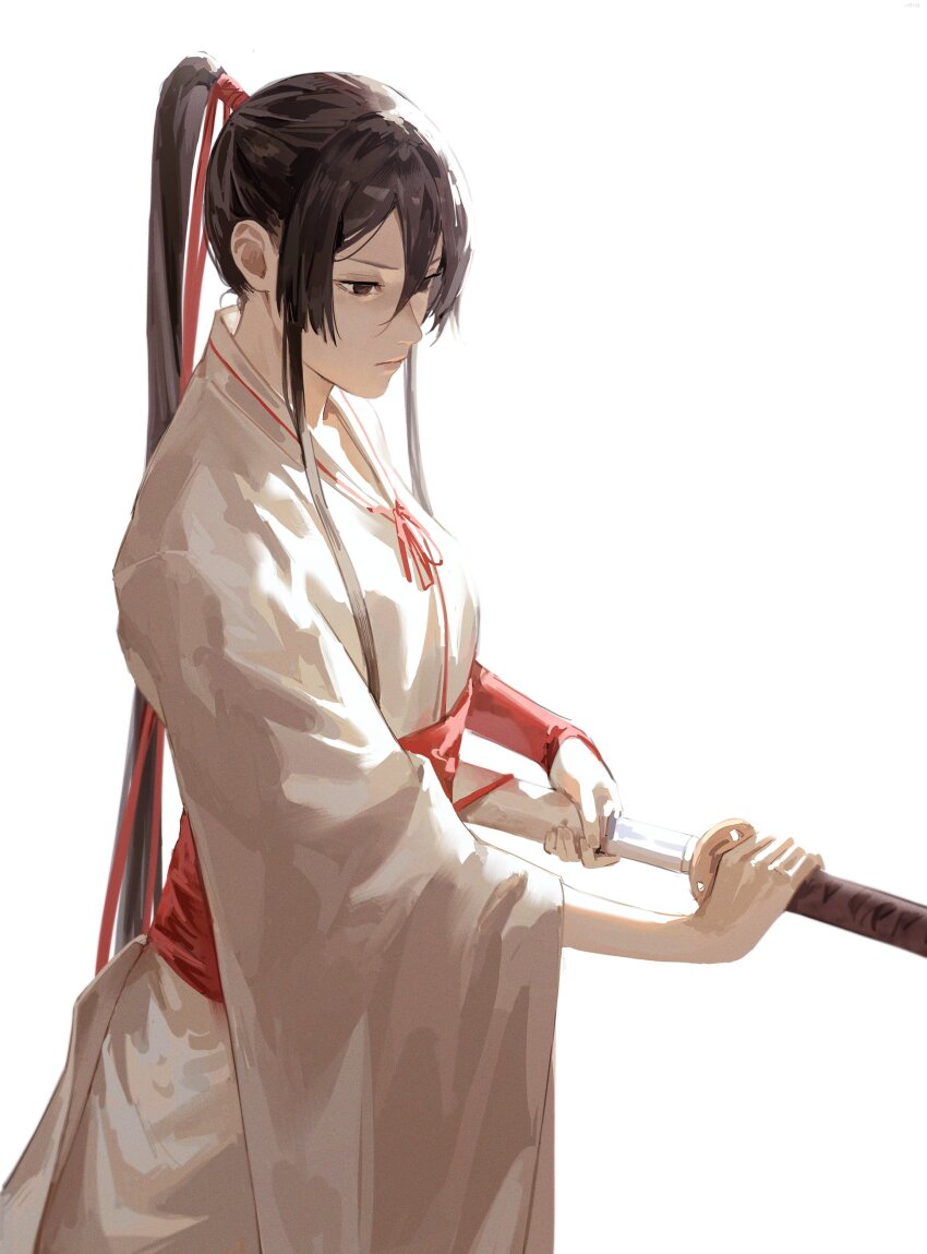 1girl, absurdres, brown_hair, drawing_sword, expressionless, hair_between_eyes, hair_ribbon, high_ponytail