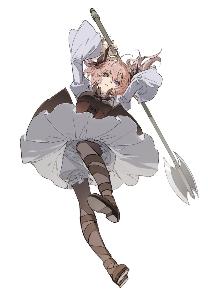 1girl, arms_up, axe, battle_axe, bloom, bloomers, bow, bowtie