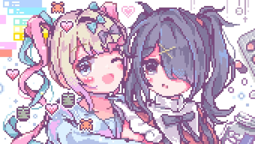 2girls, ;d, ame-chan_(needy_girl_overdose), black_hair, black_ribbon, blister_pack, blonde_hair, blue_bow