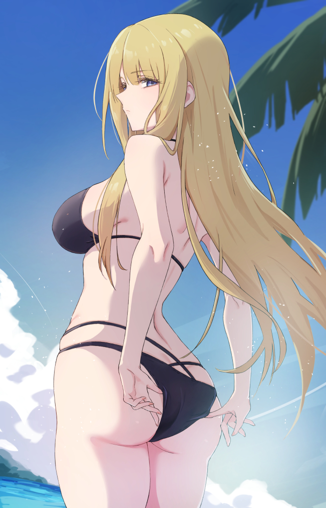 1girl, adjusting_clothes, adjusting_swimsuit, arched_back, arms_behind_back, ass, bare_arms, bare_shoulders, bikini, black_bikini, blonde_hair, blue_eyes, blue_sky, blurry, blurry_background, breasts, closed_mouth, cloud, commentary_request, commission, cowboy_shot, d4dj, day, from_behind, from_below, hair_between_eyes, halterneck, large_breasts, light_particles, long_hair, looking_at_viewer, looking_to_the_side, multi-strapped_bikini_bottom, neo_(d4dj), outdoors, palm_tree, sd2_dsotm, sidelocks, sideways_glance, skeb_commission, sky, solo, standing, swimsuit, tree, very_long_hair, water