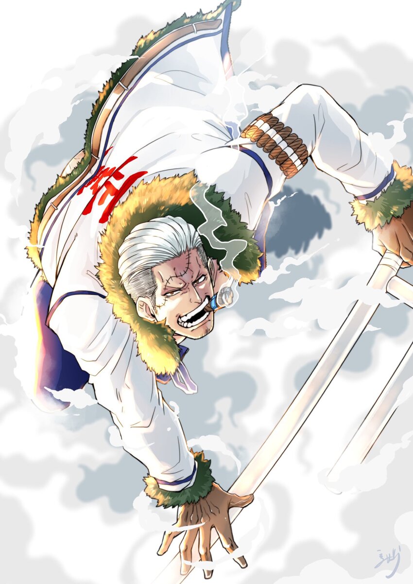 1boy, devil_fruit_power, facial_hair, fighting_stance, from_above, frown, full_body, gloves