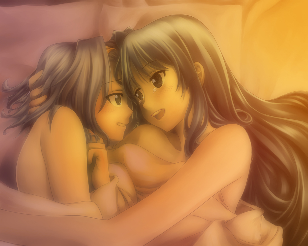 2girls, afterglow, akiyama_mio, bed, bed_sheet, black_hair, blush, brown_hair