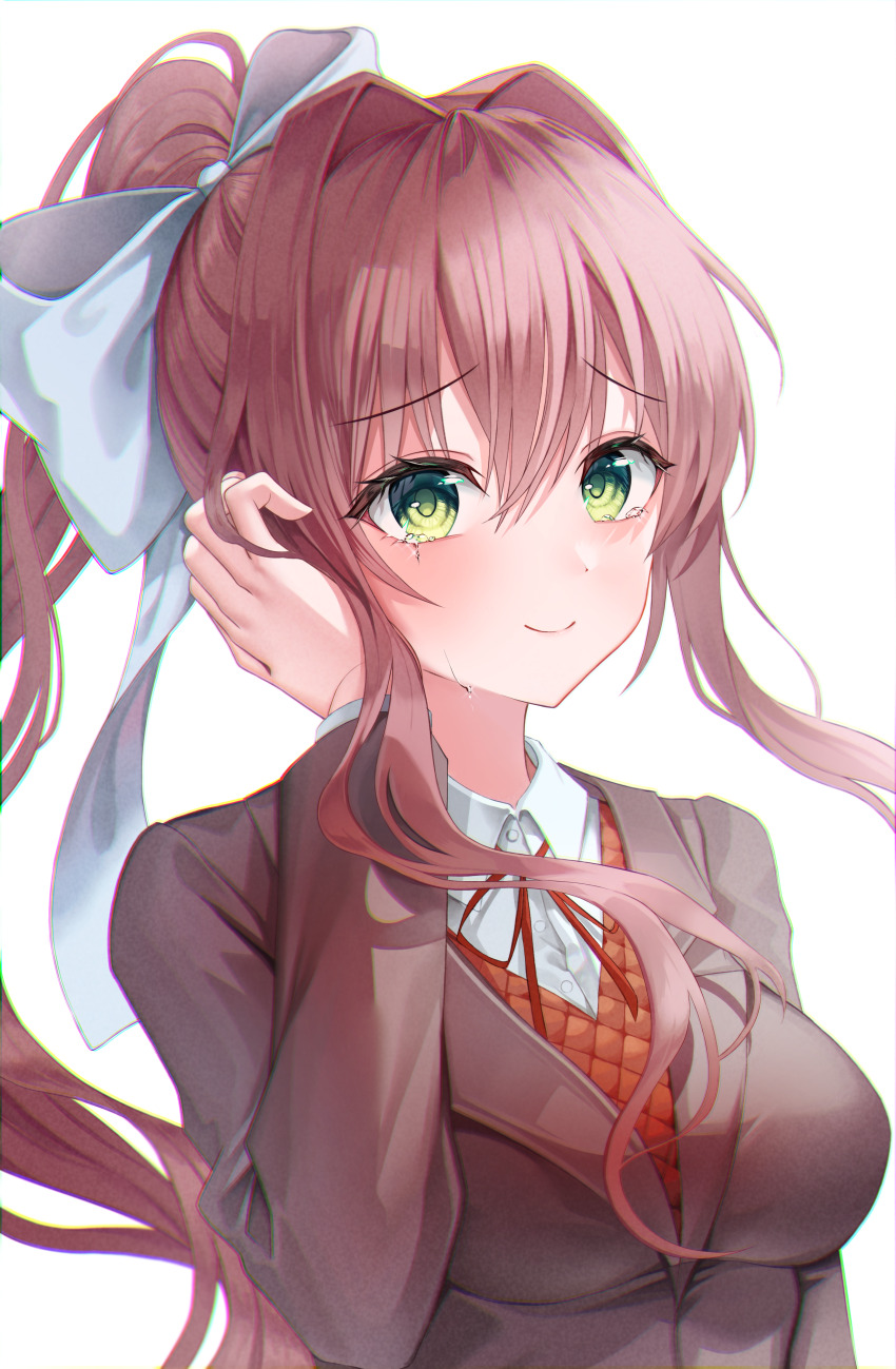 1girl, absurdres, blazer, bow, brown_hair, brown_jacket, doki_doki_literature_club, green_eyes