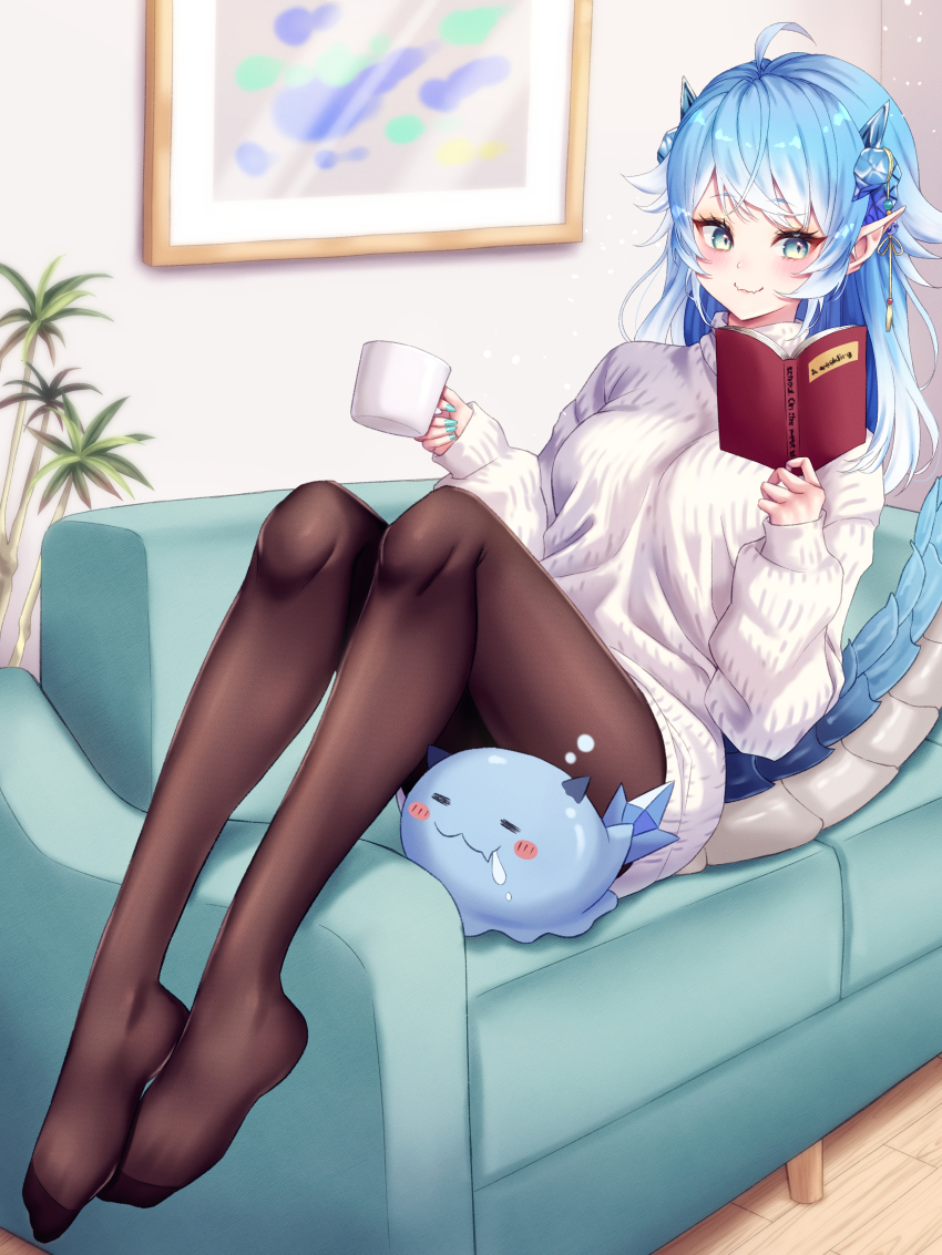 1girl, absurdres, ahoge, animal, aqua_nails, blue_eyes, blue_hair, blue_horns