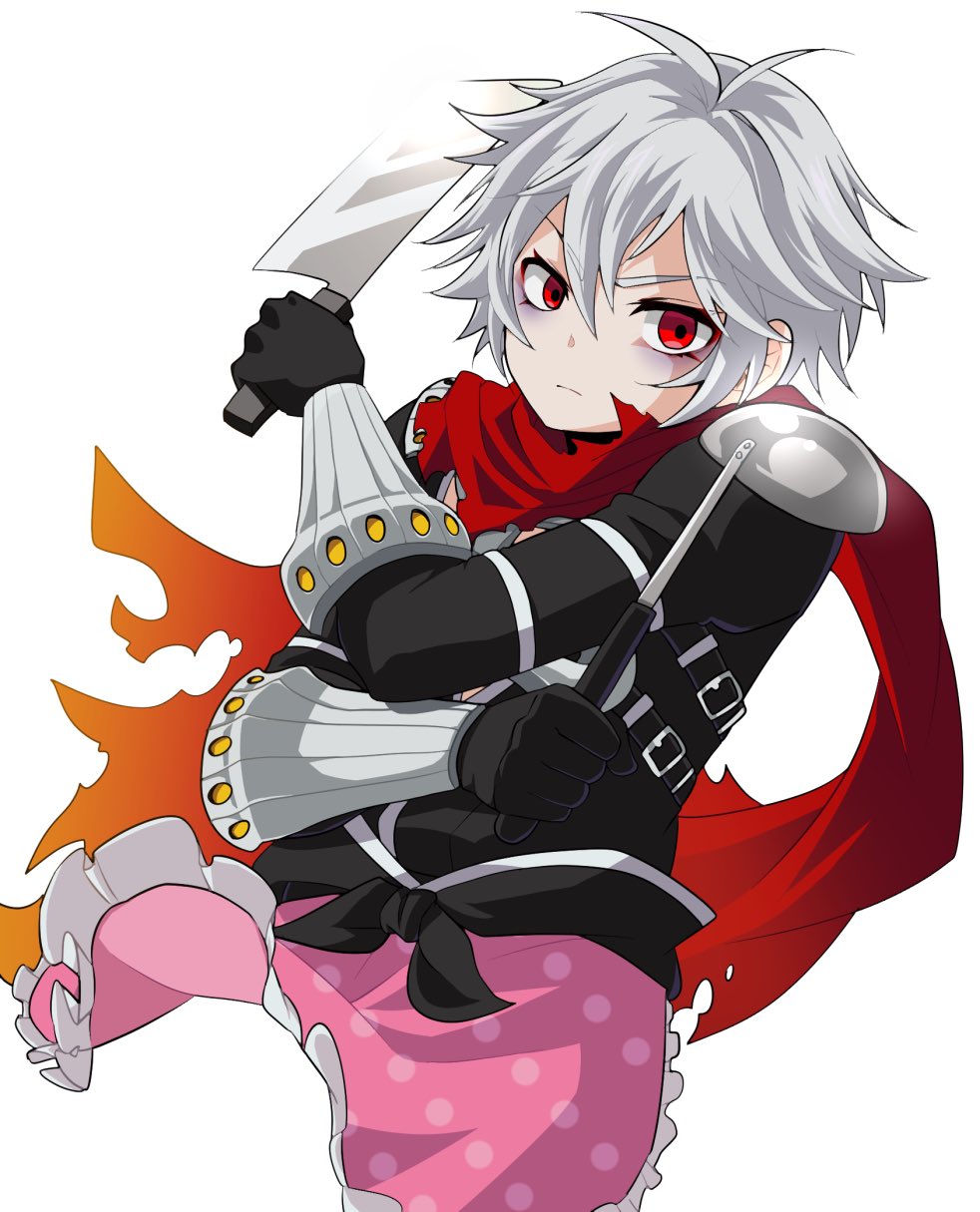 1boy, apron, armor, assassin_cross_(ragnarok_online), bags_under_eyes, black_gloves, black_shirt, cleaver, closed_mouth, commentary_request, cropped_torso, doroidsan, dual_wielding, frown, gloves, grey_hair, hair_between_eyes, highres, holding, holding_cleaver, holding_knife, honing_steel, knife, long_bangs, looking_at_viewer, male_focus, open_clothes, open_shirt, pauldrons, pink_apron, polka_dot, polka_dot_apron, ragnarok_online, red_eyes, red_scarf, scarf, shirt, short_hair, shoulder_armor, shy_(ragnarok_online), simple_background, solo, torn_clothes, torn_scarf, upper_body, vambraces, waist_apron, white_background