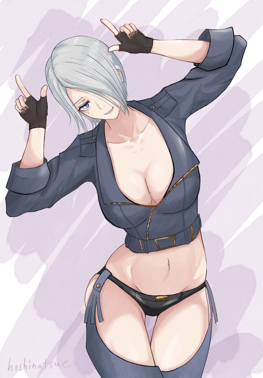 1girl, angel_(kof), blue_eyes, breasts, cleavage, crop_top, fingerless_gloves, gloves