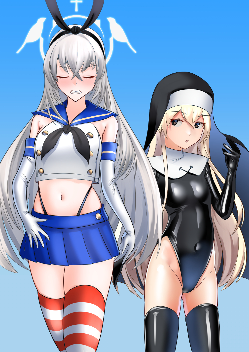 2girls, black_hairband, black_leotard, black_neckerchief, black_panties, black_thighhighs, blonde_hair, blue_archive