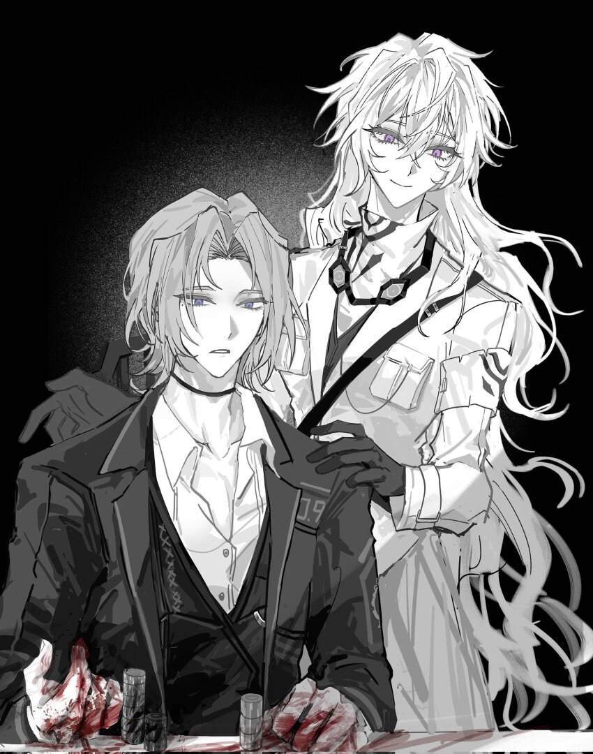 1boy, 1girl, blood, blood_on_hands, casino, closed_mouth, collared_shirt, genderswap