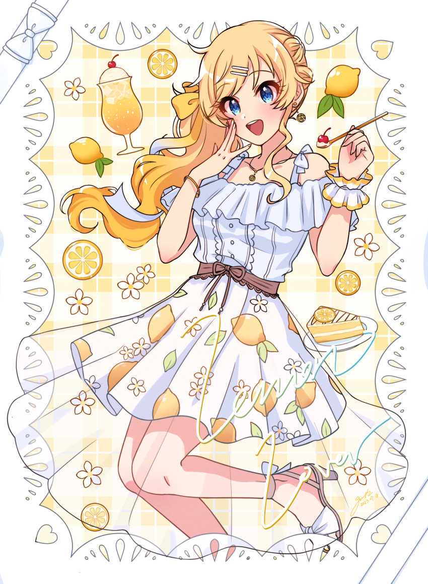 1girl, :d, absurdres, bare_shoulders, blonde_hair, blue_eyes, bow, dress