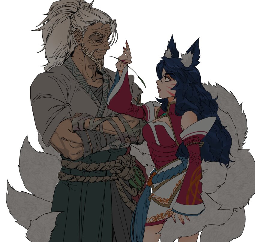 1boy, 1girl, ahri_(league_of_legends), animal_ear_fluff, animal_ears, bare_shoulders, beard, breasts, cleavage, collarbone, cowboy_shot, crossed_arms, detached_sleeves, eye_contact, facial_hair, facial_mark, foreseen_yasuo, fox_ears, fox_girl, fox_tail, grey_hair, highres, large_breasts, league_of_legends, looking_at_another, mag_cora_imparo, muscular, muscular_male, nail_polish, parted_lips, ponytail, red_nails, red_sleeves, simple_background, tail, teeth, whisker_markings, yasuo_(league_of_legends)