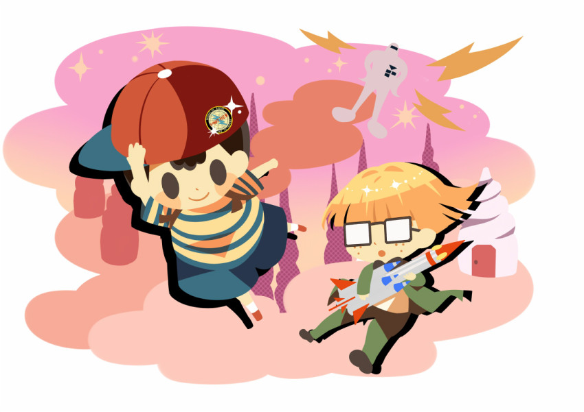 2boys, badge, black_hair, blonde_hair, blue_shorts, blush_stickers, button_badge, franklin_badge