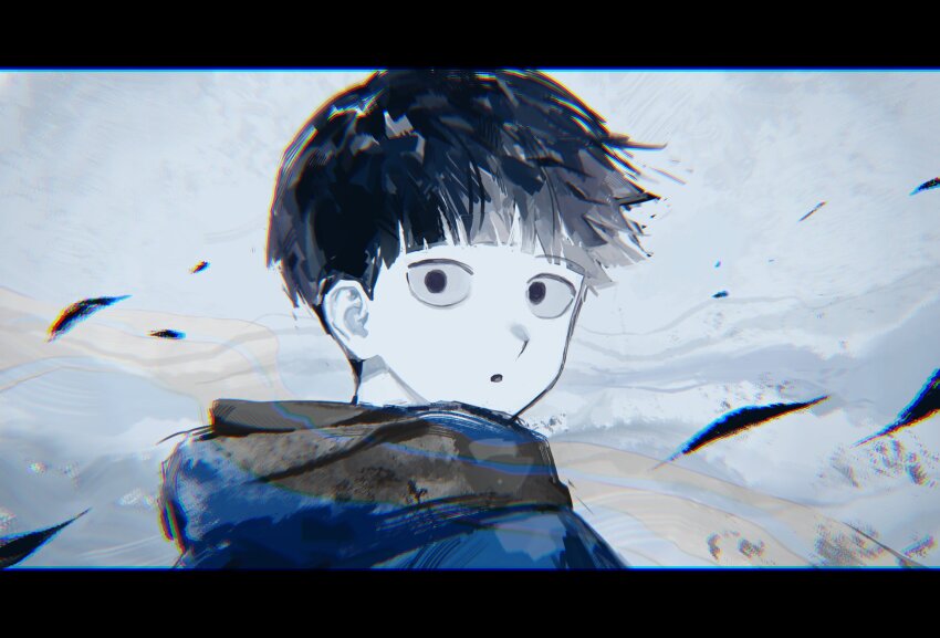 1boy, black_eyes, black_hair, blunt_bangs, chromatic_aberration, from_behind, highres, hood, hood_down, kageyama_shigeo, leaf, looking_at_viewer, looking_back, mob_psycho_100, mong_120, monochrome, parted_lips, portrait, short_hair, solo, spot_color, wind