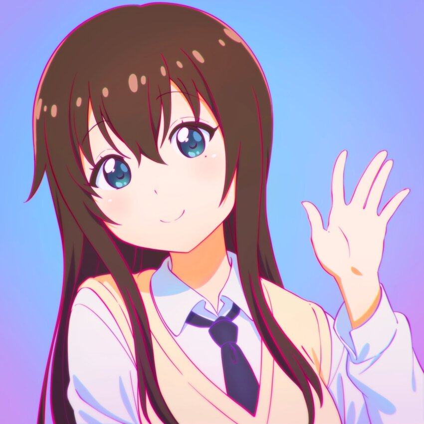 1girl, blue_background, blue_eyes, blue_necktie, brown_hair, cardigan, closed_mouth, collared_shirt